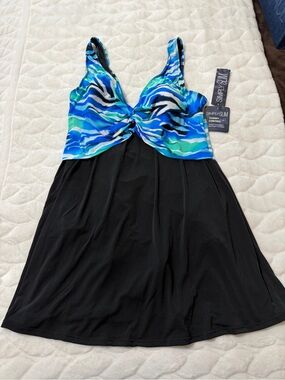 NEW! Simply Slim Twist-Front Swimdress in Blue & Black Tummy Control size 1X